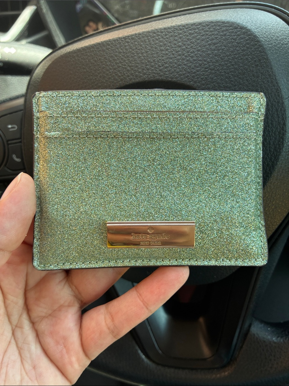 kate spade Iridescent Green Glitter Card Holder